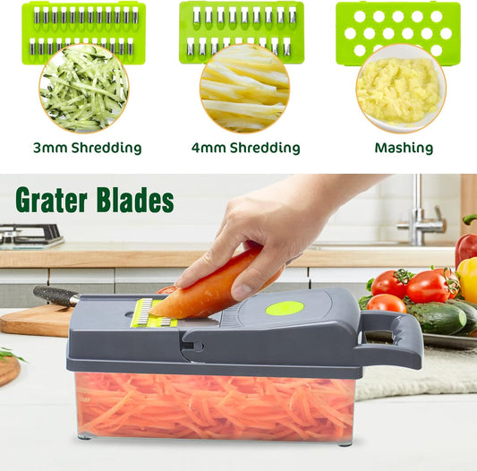 Multifunction Vegetable Chopper, 8 Blades Vegetable Slicer, Onion Chopper Cutter Dicer Egg Separator Grater Slicer with Push Button, Hand Guard, Large Capacity Container