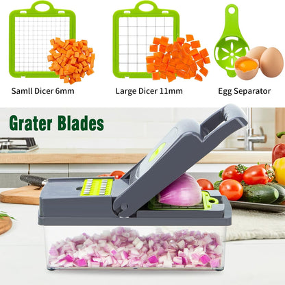 Multifunction Vegetable Chopper, 8 Blades Vegetable Slicer, Onion Chopper Cutter Dicer Egg Separator Grater Slicer with Push Button, Hand Guard, Large Capacity Container