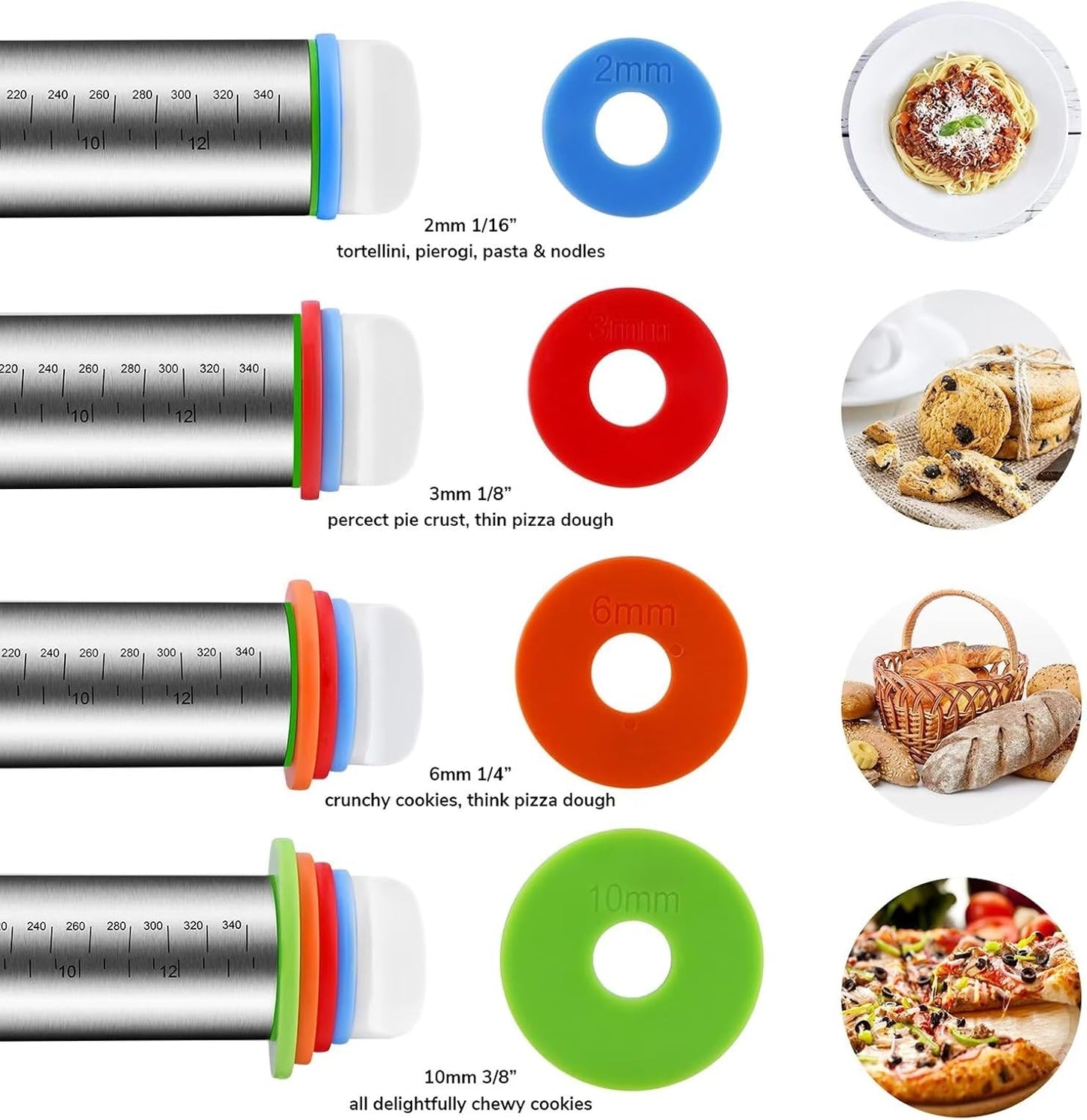 Rolling Pins, Stainless Steel Dough Roller, Rolling Pin and Silicone Baking Pastry Mat Set, Adjustable Rolling Pin with Thickness Rings for Baking Dough, Pizza, Pie, Pastries, Pasta, Cookies(Black)