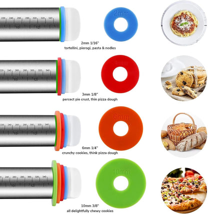 Rolling Pins, Stainless Steel Dough Roller, Rolling Pin and Silicone Baking Pastry Mat Set, Adjustable Rolling Pin with Thickness Rings for Baking Dough, Pizza, Pie, Pastries, Pasta, Cookies(Black)