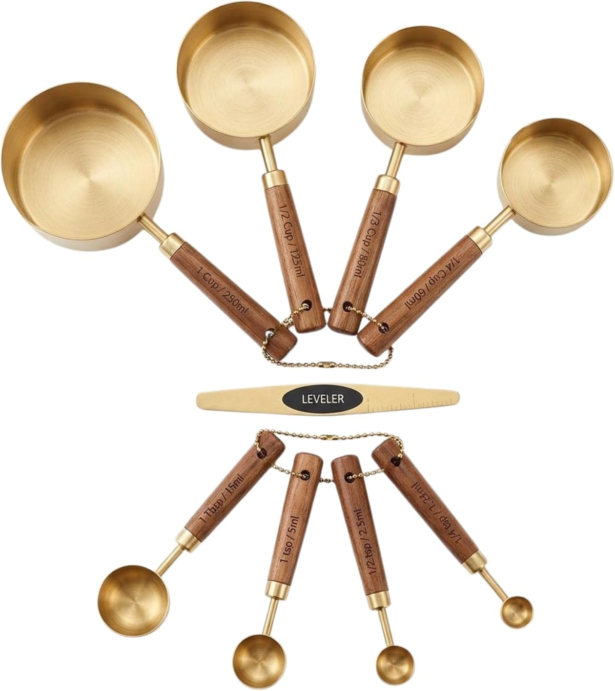 Gold Measuring Cups and Spoons Set with Leveler - 9 Piece Luxury Acacia Wood & Stainless Steel - Aesthetic Kitchen Decor - Professional Baking Tools - Wedding & Housewarming Gift