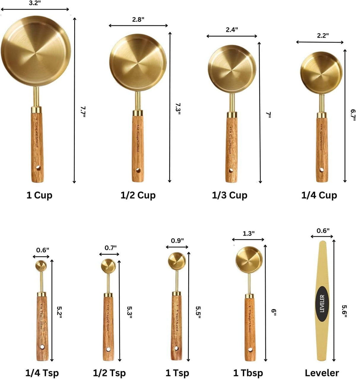 Gold Measuring Cups and Spoons Set with Leveler - 9 Piece Luxury Acacia Wood & Stainless Steel - Aesthetic Kitchen Decor - Professional Baking Tools - Wedding & Housewarming Gift