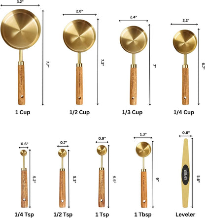Gold Measuring Cups and Spoons Set with Leveler - 9 Piece Luxury Acacia Wood & Stainless Steel - Aesthetic Kitchen Decor - Professional Baking Tools - Wedding & Housewarming Gift
