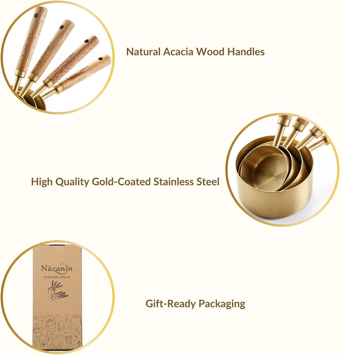 Gold Measuring Cups and Spoons Set with Leveler - 9 Piece Luxury Acacia Wood & Stainless Steel - Aesthetic Kitchen Decor - Professional Baking Tools - Wedding & Housewarming Gift