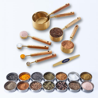 Gold Measuring Cups and Spoons Set with Leveler - 9 Piece Luxury Acacia Wood & Stainless Steel - Aesthetic Kitchen Decor - Professional Baking Tools - Wedding & Housewarming Gift