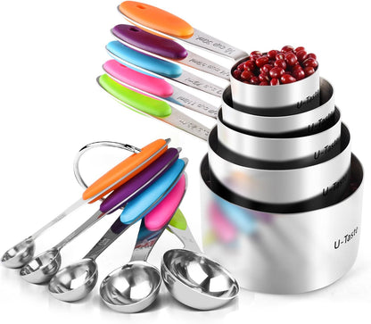 Measuring Cups : 18/8 Stainless Steel Measuring Cups and Spoons Set of 10 Piece, Upgraded Thickness Handle (Multicolors)