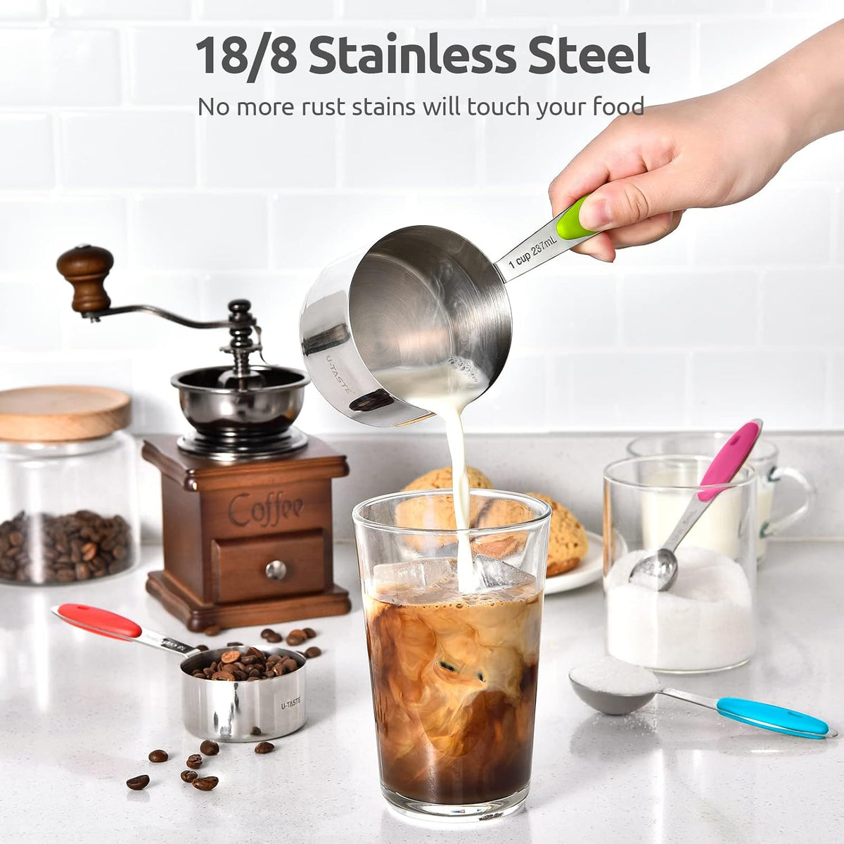 Measuring Cups : 18/8 Stainless Steel Measuring Cups and Spoons Set of 10 Piece, Upgraded Thickness Handle (Multicolors)