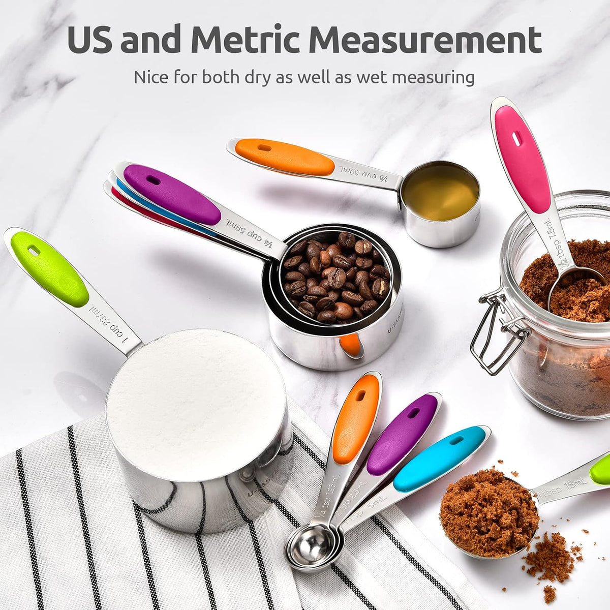 Measuring Cups : 18/8 Stainless Steel Measuring Cups and Spoons Set of 10 Piece, Upgraded Thickness Handle (Multicolors)