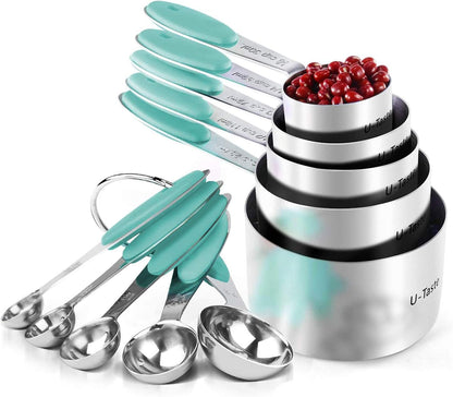 Measuring Cups : 18/8 Stainless Steel Measuring Cups and Spoons Set of 10 Piece, Upgraded Thickness Handle (Multicolors)