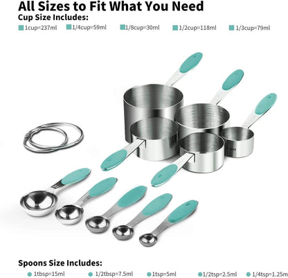 Measuring Cups : 18/8 Stainless Steel Measuring Cups and Spoons Set of 10 Piece, Upgraded Thickness Handle (Multicolors)