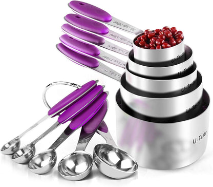 Measuring Cups : 18/8 Stainless Steel Measuring Cups and Spoons Set of 10 Piece, Upgraded Thickness Handle (Multicolors)