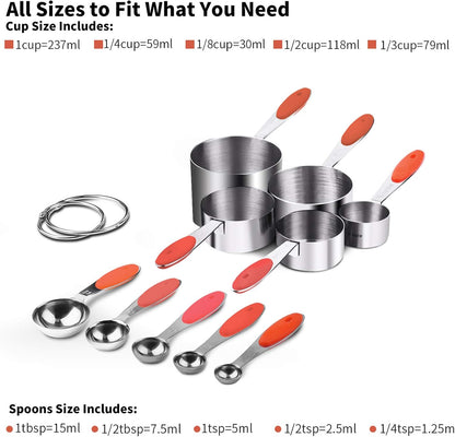 Measuring Cups : 18/8 Stainless Steel Measuring Cups and Spoons Set of 10 Piece, Upgraded Thickness Handle (Multicolors)