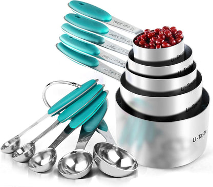 Measuring Cups : 18/8 Stainless Steel Measuring Cups and Spoons Set of 10 Piece, Upgraded Thickness Handle (Multicolors)