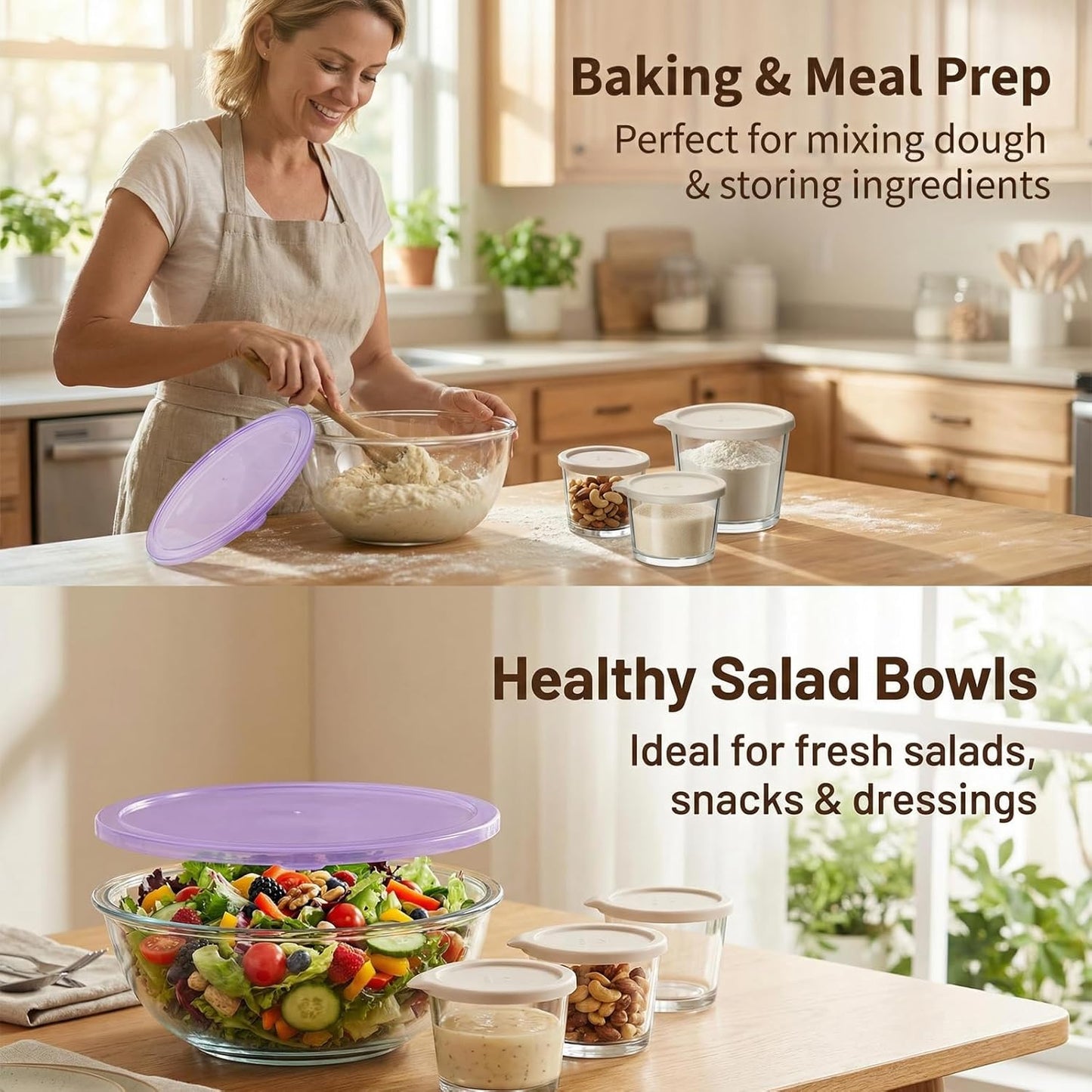 6QT Extra Large Glass Mixing Bowls Clear Glass Salad Cooking Bowls for Kitchen Salad Bread Storage with 8oz Small Bowls,Ideal for Kitchen Storage