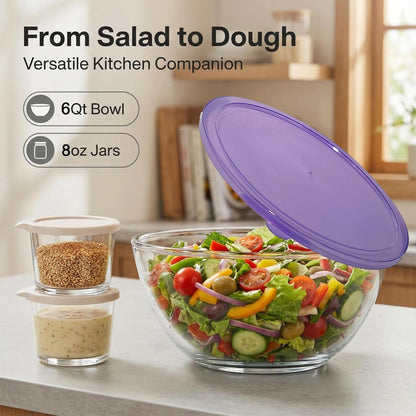 6QT Extra Large Glass Mixing Bowls Clear Glass Salad Cooking Bowls for Kitchen Salad Bread Storage with 8oz Small Bowls,Ideal for Kitchen Storage
