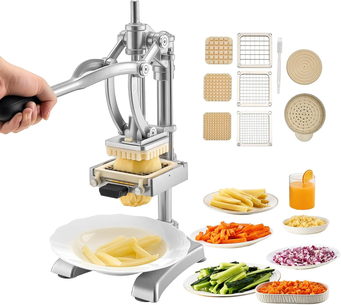Commercial Vegetable Fruit Chopper, Stainless Steel French Fry Cutter w/ 4 Blades 1/4" 3/8" 1/2", Vegetable Chopper Dicer w/Stainless Bowl, Heavy Duty Cutter for Potato Tomato Onion Mushroom