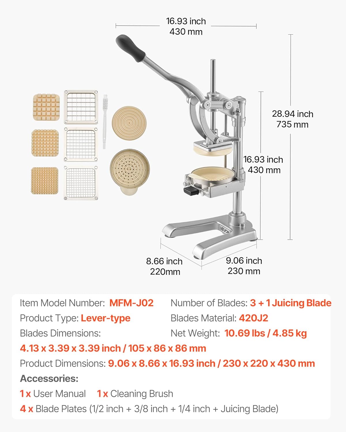 Commercial Vegetable Fruit Chopper, Stainless Steel French Fry Cutter w/ 4 Blades 1/4" 3/8" 1/2", Vegetable Chopper Dicer w/Stainless Bowl, Heavy Duty Cutter for Potato Tomato Onion Mushroom