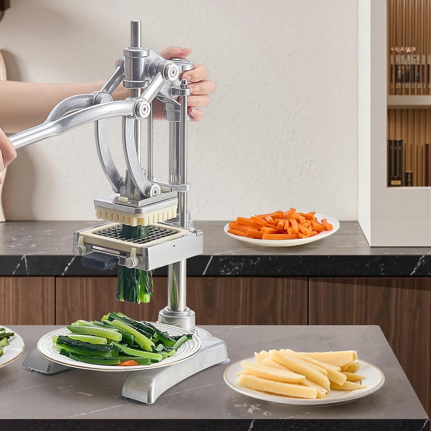 Commercial Vegetable Fruit Chopper, Stainless Steel French Fry Cutter w/ 4 Blades 1/4" 3/8" 1/2", Vegetable Chopper Dicer w/Stainless Bowl, Heavy Duty Cutter for Potato Tomato Onion Mushroom