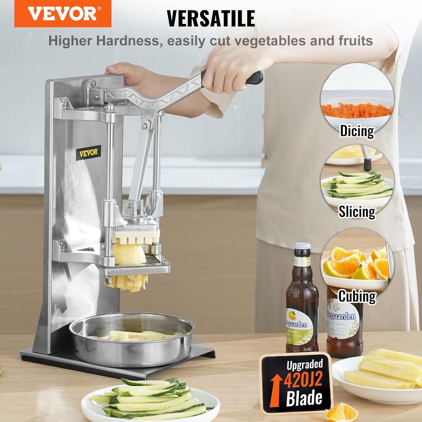 Commercial Vegetable Fruit Chopper, Stainless Steel French Fry Cutter w/ 4 Blades 1/4" 3/8" 1/2", Vegetable Chopper Dicer w/Stainless Bowl, Heavy Duty Cutter for Potato Tomato Onion Mushroom