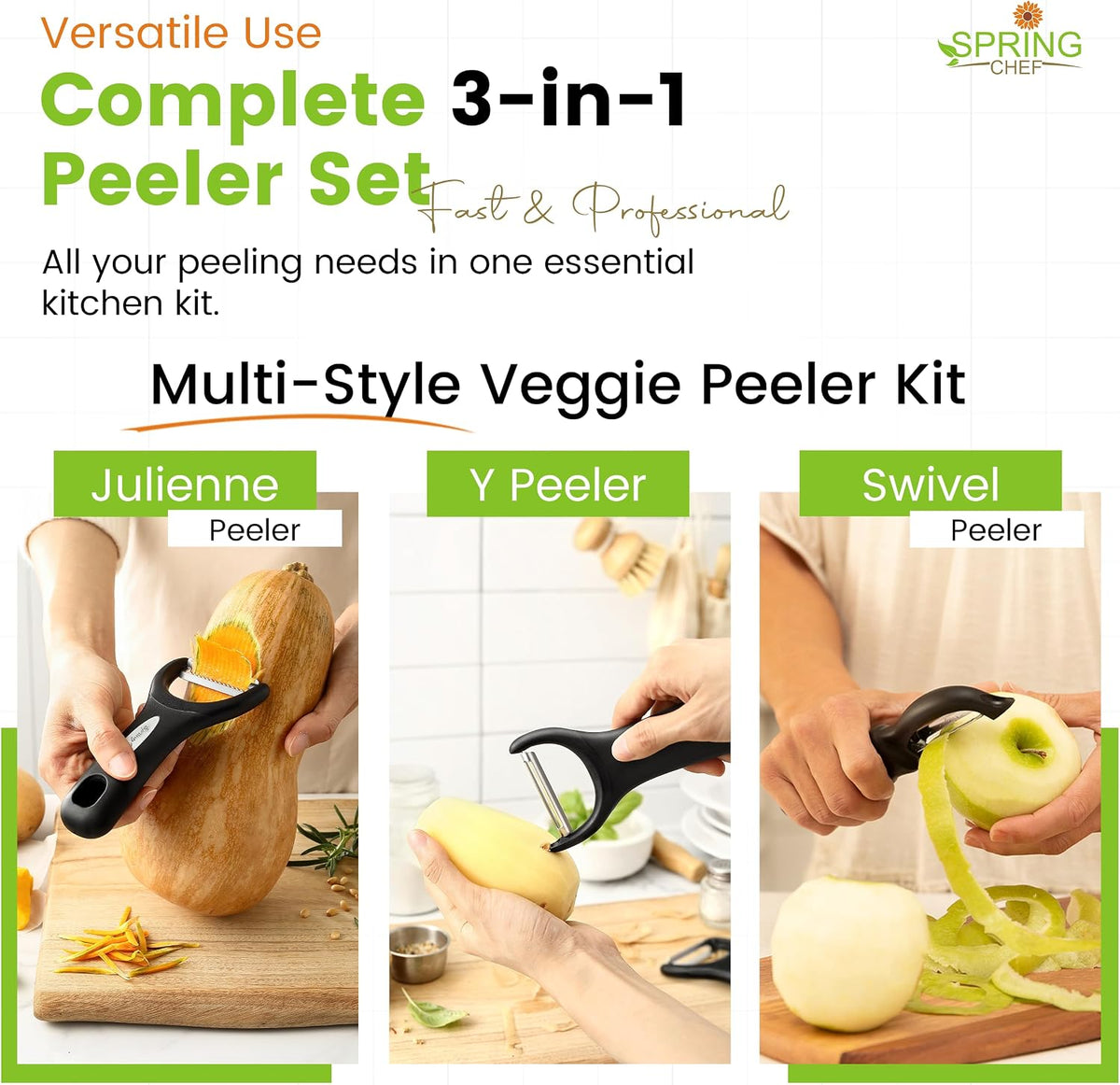 3pcs Vegetable Peelers for Kitchen, Swivel, Y & Julienne Peeler