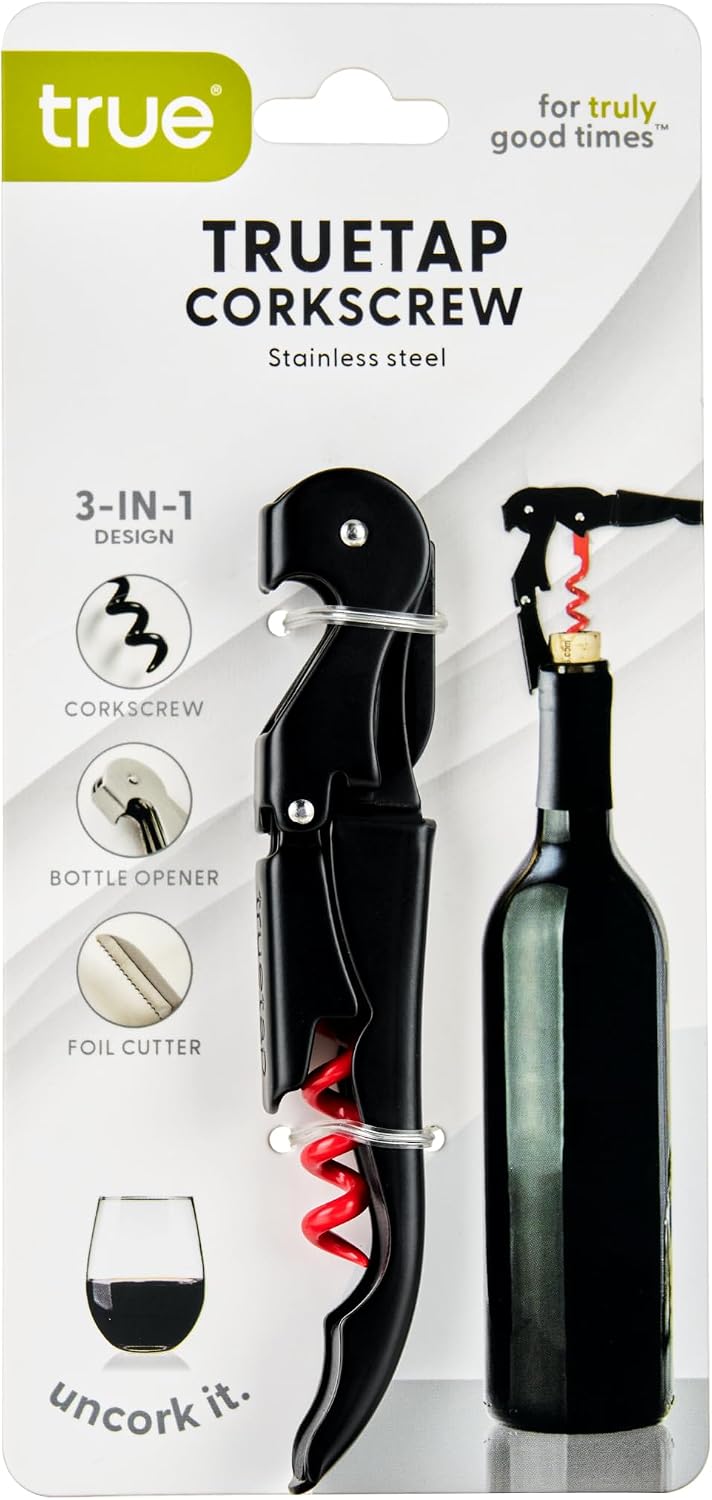 Truetap Double Hinged Waiter's Corkscrew Wine Opener, Stainless Steel Wine Bottle Opener with Built In Foil Cutter, Home Bar Tools, Bar Cart Accessories, Wedding Gifts, Set of 1, Black