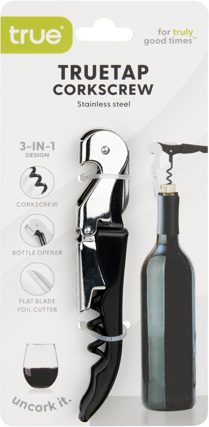 Truetap Double Hinged Waiter's Corkscrew Wine Opener, Stainless Steel Wine Bottle Opener with Built In Foil Cutter, Home Bar Tools, Bar Cart Accessories, Wedding Gifts, Set of 1, Black