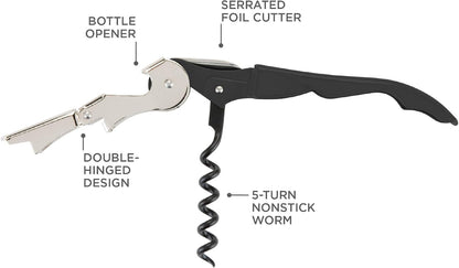 Truetap Double Hinged Waiter's Corkscrew Wine Opener, Stainless Steel Wine Bottle Opener with Built In Foil Cutter, Home Bar Tools, Bar Cart Accessories, Wedding Gifts, Set of 1, Black