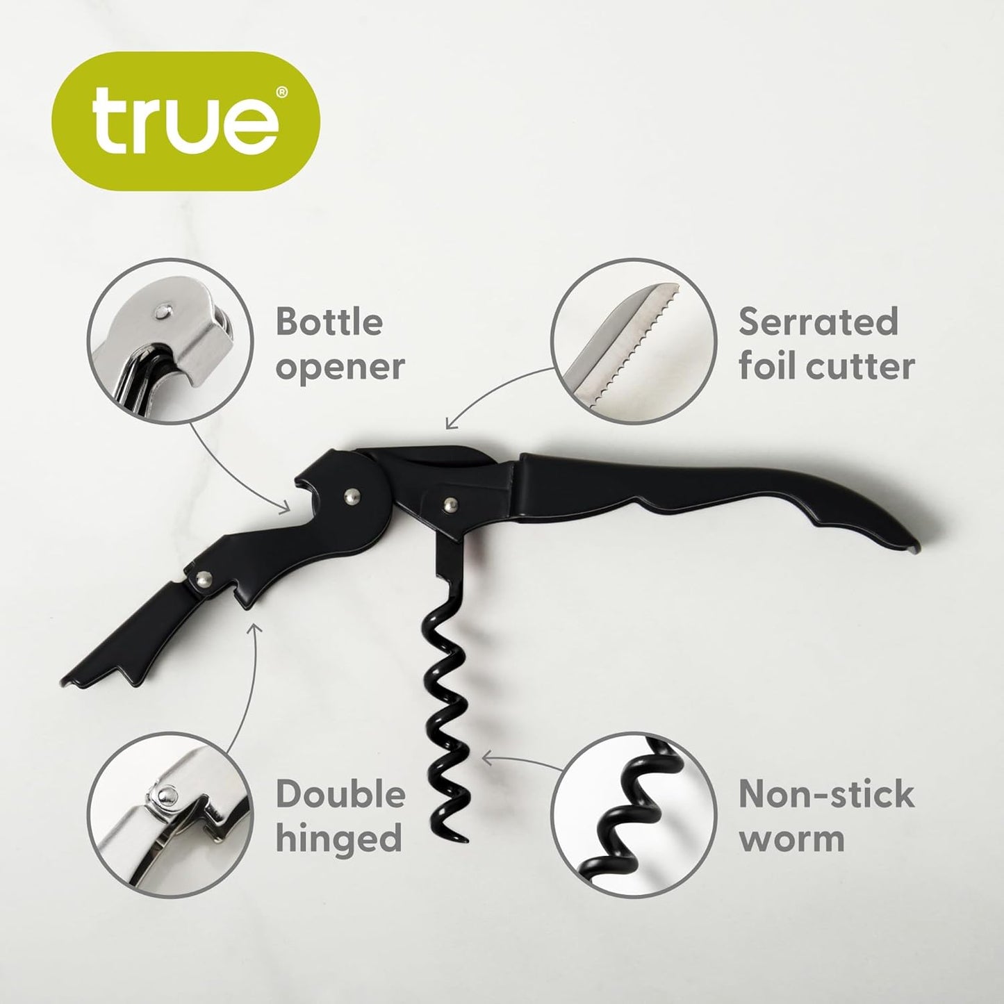 Truetap Double Hinged Waiter's Corkscrew Wine Opener, Stainless Steel Wine Bottle Opener with Built In Foil Cutter, Home Bar Tools, Bar Cart Accessories, Wedding Gifts, Set of 1, Black