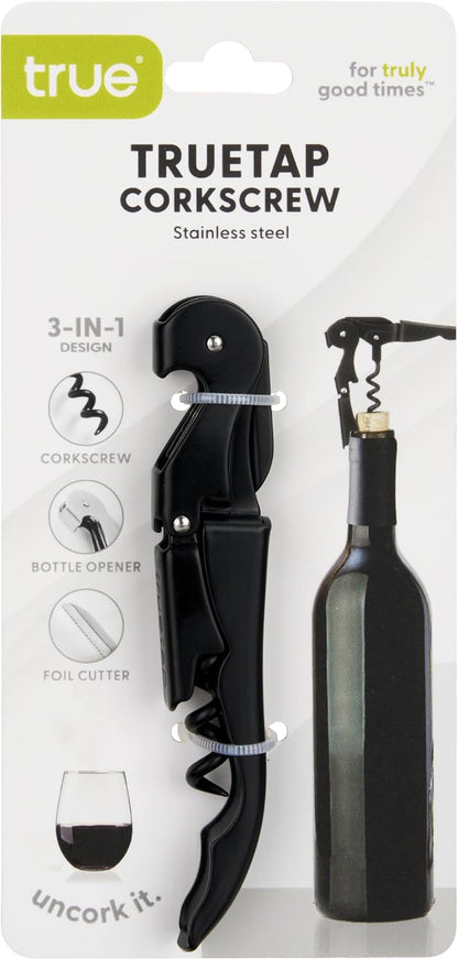 Truetap Double Hinged Waiter's Corkscrew Wine Opener, Stainless Steel Wine Bottle Opener with Built In Foil Cutter, Home Bar Tools, Bar Cart Accessories, Wedding Gifts, Set of 1, Black
