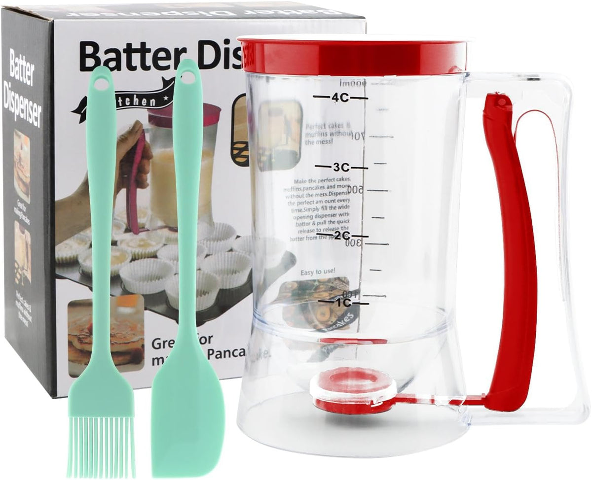 4 Cup Pancake Cupcake Batter Dispense with Oil Brush & Scraper