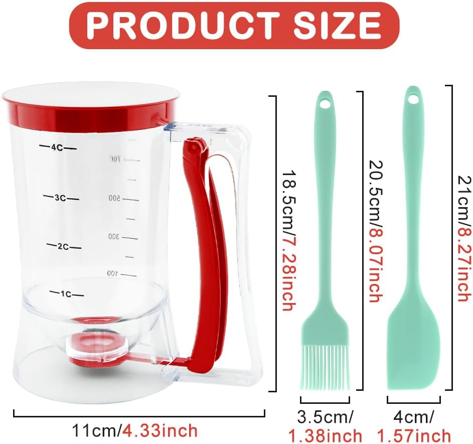 4 Cup Pancake Cupcake Batter Dispense with Oil Brush & Scraper