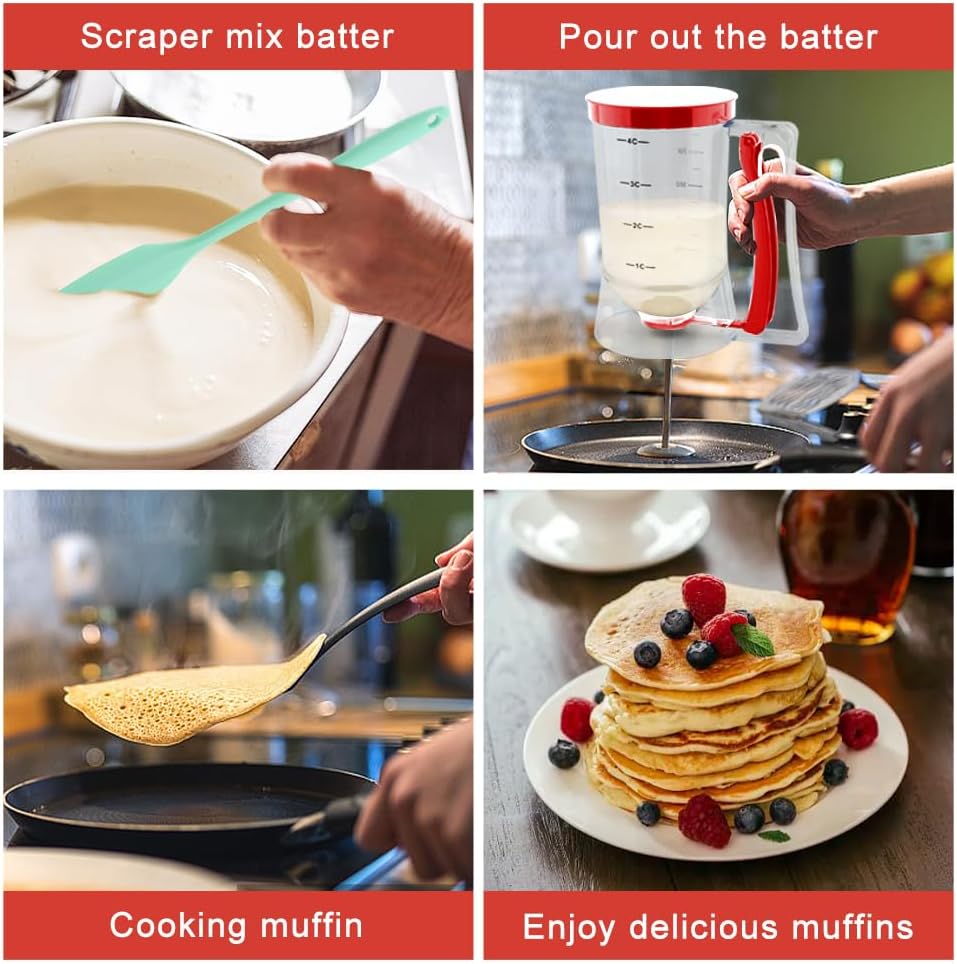4 Cup Pancake Cupcake Batter Dispense with Oil Brush & Scraper