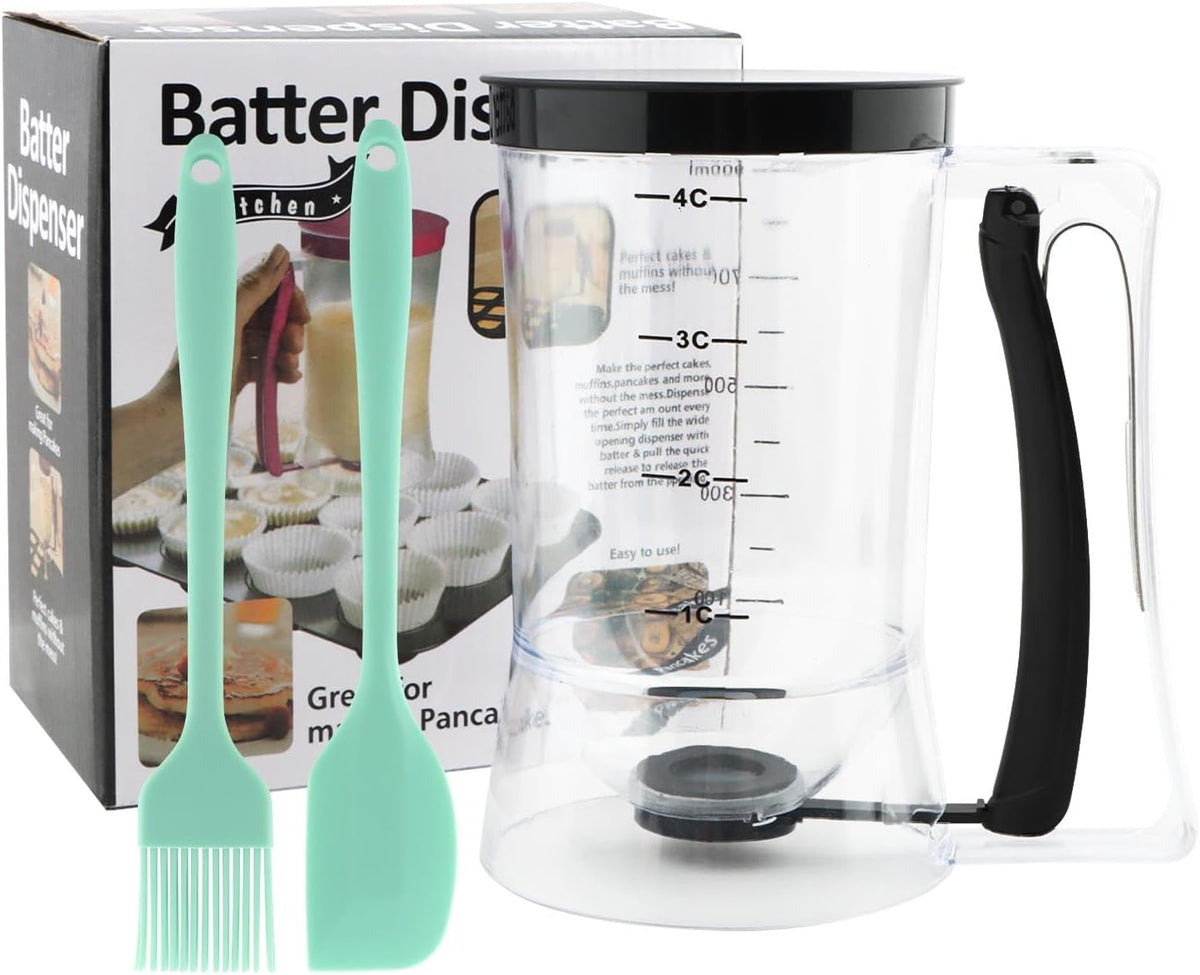 4 Cup Pancake Cupcake Batter Dispense with Oil Brush & Scraper