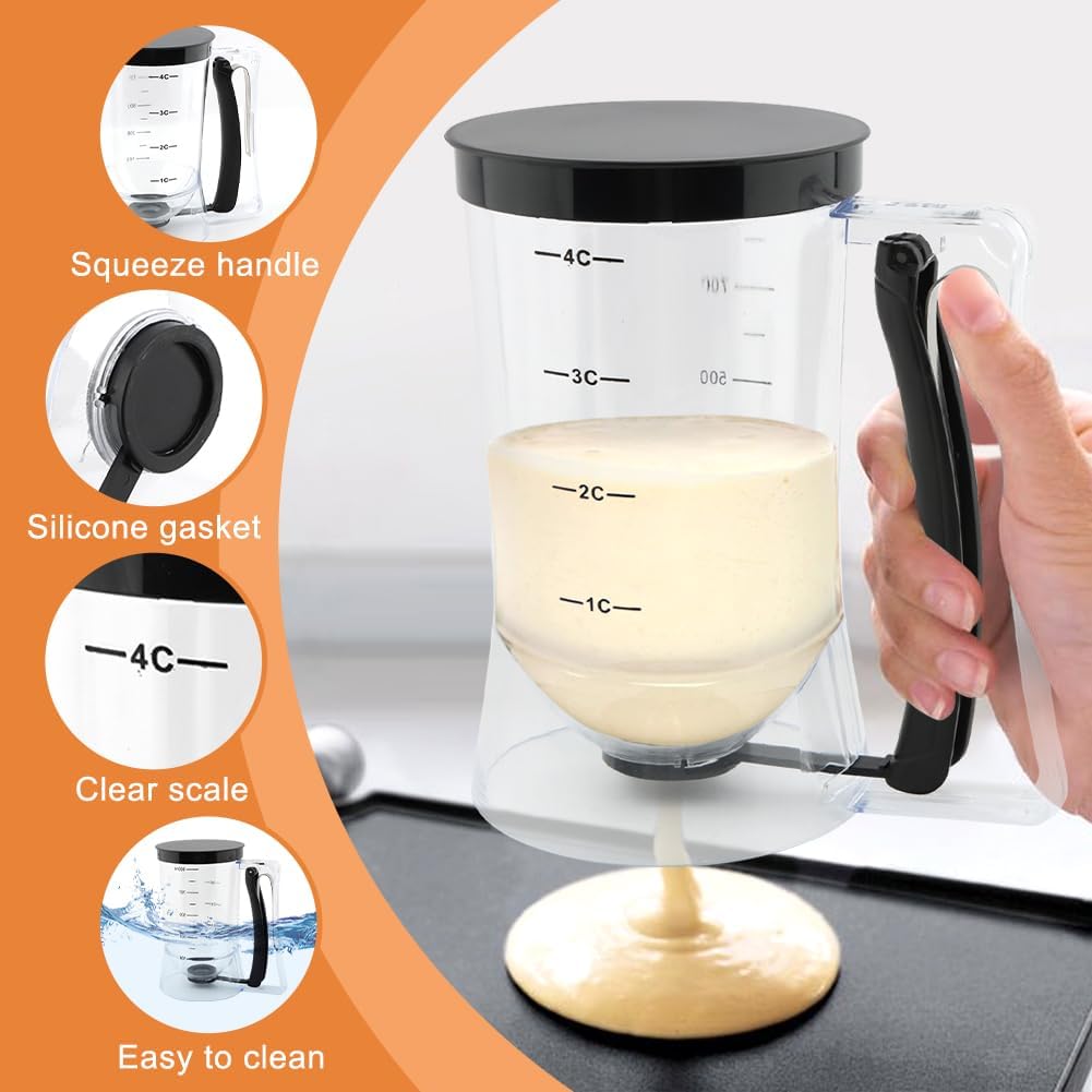 4 Cup Pancake Cupcake Batter Dispense with Oil Brush & Scraper