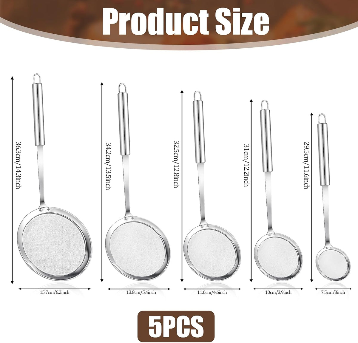 5 Pack Fine Mesh Skimmer Spoon Slotted Spoon Stainless Steel Hot Pot Fat Strainer Metal Food Strainer for Separation of the Floating Foam, Fat, Grease, Kitchen Cooking Mesh Food Strainers