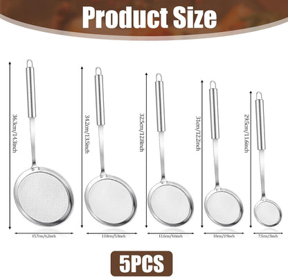 5 Pack Fine Mesh Skimmer Spoon Slotted Spoon Stainless Steel Hot Pot Fat Strainer Metal Food Strainer for Separation of the Floating Foam, Fat, Grease, Kitchen Cooking Mesh Food Strainers