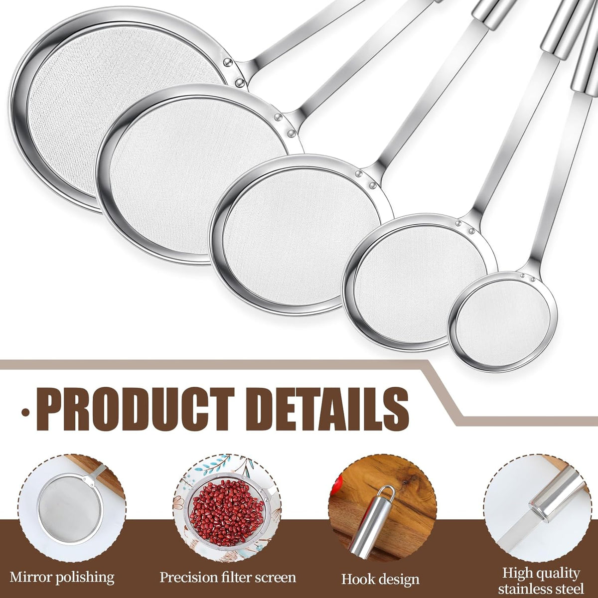 5 Pack Fine Mesh Skimmer Spoon Slotted Spoon Stainless Steel Hot Pot Fat Strainer Metal Food Strainer for Separation of the Floating Foam, Fat, Grease, Kitchen Cooking Mesh Food Strainers