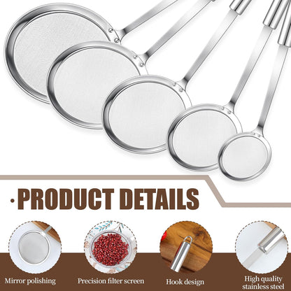 5 Pack Fine Mesh Skimmer Spoon Slotted Spoon Stainless Steel Hot Pot Fat Strainer Metal Food Strainer for Separation of the Floating Foam, Fat, Grease, Kitchen Cooking Mesh Food Strainers