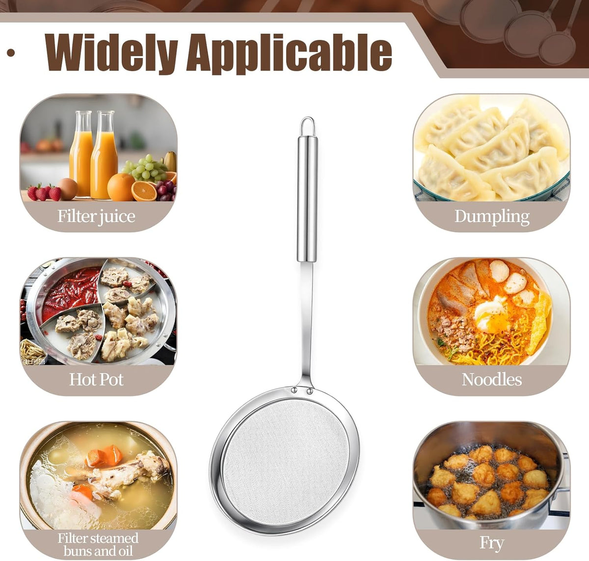5 Pack Fine Mesh Skimmer Spoon Slotted Spoon Stainless Steel Hot Pot Fat Strainer Metal Food Strainer for Separation of the Floating Foam, Fat, Grease, Kitchen Cooking Mesh Food Strainers