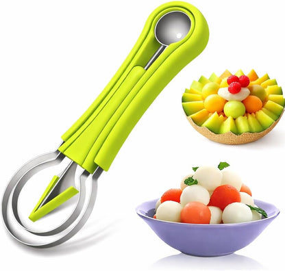 4-in-1 Fruit Baller Set, Stainless Steel Melon Scoop with Green Handle, Watermelon Carving Tool for Kitchen, Professional Fruit Scooper for Cantaloupe and Dragon Fruit