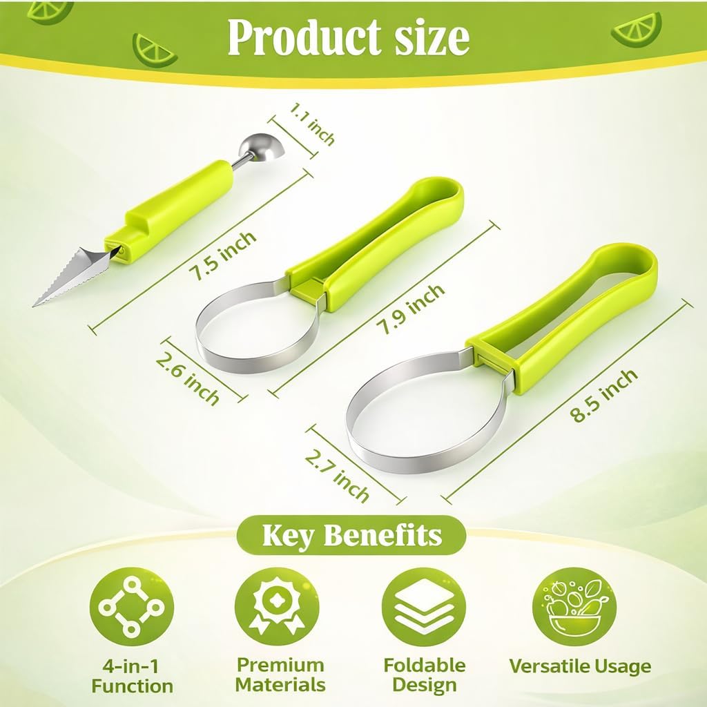 4-in-1 Fruit Baller Set, Stainless Steel Melon Scoop with Green Handle, Watermelon Carving Tool for Kitchen, Professional Fruit Scooper for Cantaloupe and Dragon Fruit
