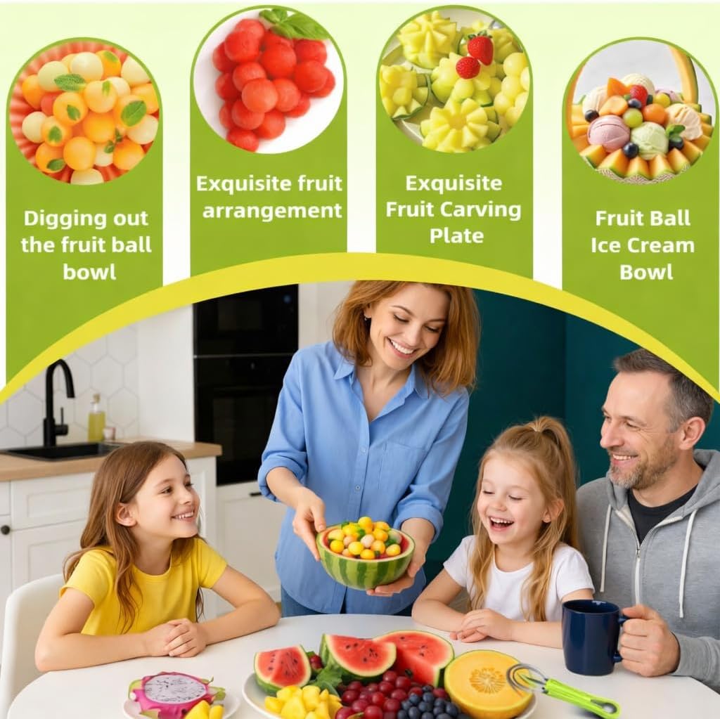 4-in-1 Fruit Baller Set, Stainless Steel Melon Scoop with Green Handle, Watermelon Carving Tool for Kitchen, Professional Fruit Scooper for Cantaloupe and Dragon Fruit