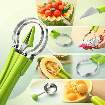 4-in-1 Fruit Baller Set, Stainless Steel Melon Scoop with Green Handle, Watermelon Carving Tool for Kitchen, Professional Fruit Scooper for Cantaloupe and Dragon Fruit