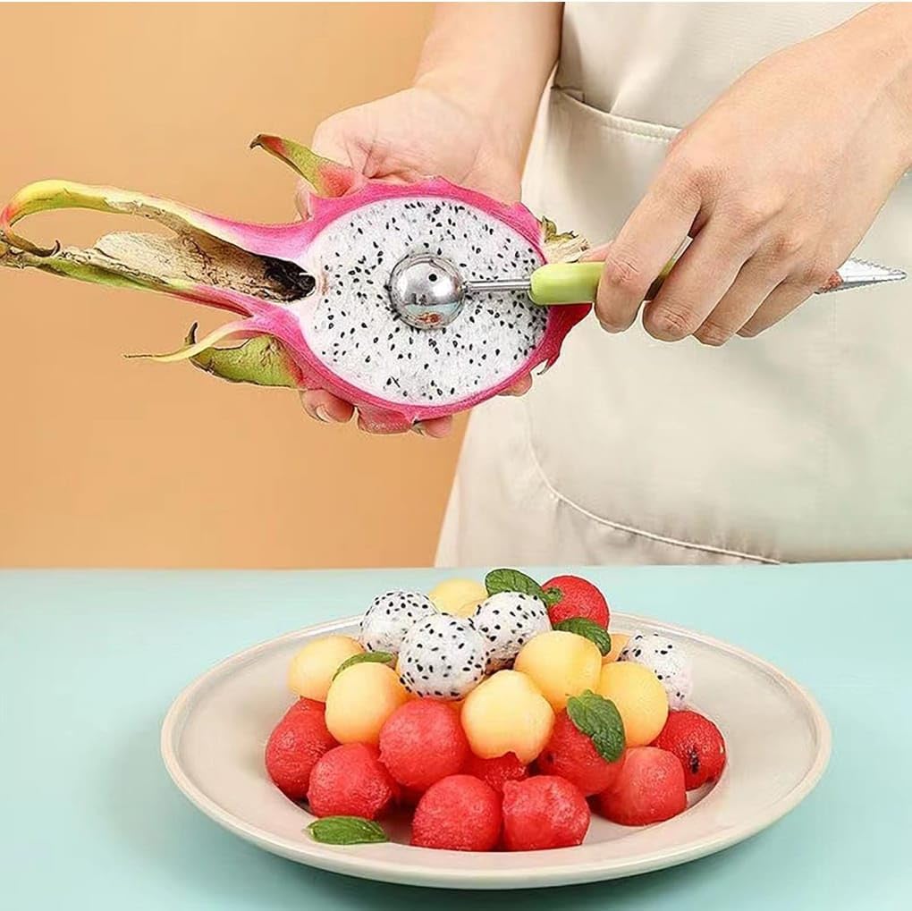 4-in-1 Fruit Baller Set, Stainless Steel Melon Scoop with Green Handle, Watermelon Carving Tool for Kitchen, Professional Fruit Scooper for Cantaloupe and Dragon Fruit