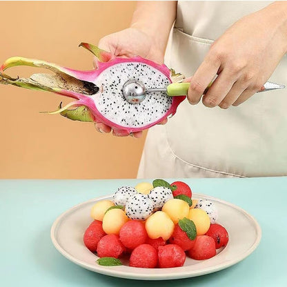 4-in-1 Fruit Baller Set, Stainless Steel Melon Scoop with Green Handle, Watermelon Carving Tool for Kitchen, Professional Fruit Scooper for Cantaloupe and Dragon Fruit