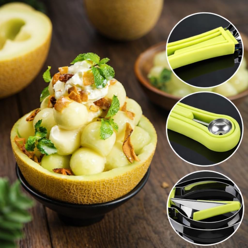 4-in-1 Fruit Baller Set, Stainless Steel Melon Scoop with Green Handle, Watermelon Carving Tool for Kitchen, Professional Fruit Scooper for Cantaloupe and Dragon Fruit