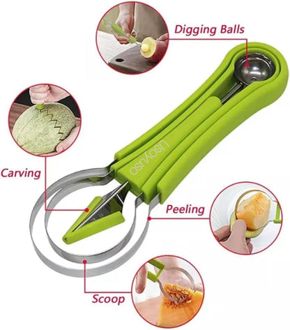 4-in-1 Fruit Baller Set, Stainless Steel Melon Scoop with Green Handle, Watermelon Carving Tool for Kitchen, Professional Fruit Scooper for Cantaloupe and Dragon Fruit