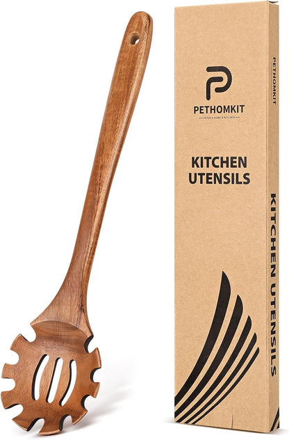 Wooden Pasta Spaghetti Noodle Slotted Spoon, Teak Wood, 12.8" | Non-Toxic, Strainer Spoon with Teeth, Cooking Fork Scoop Server Utensil with Claws, for Serving Stirring Collecting