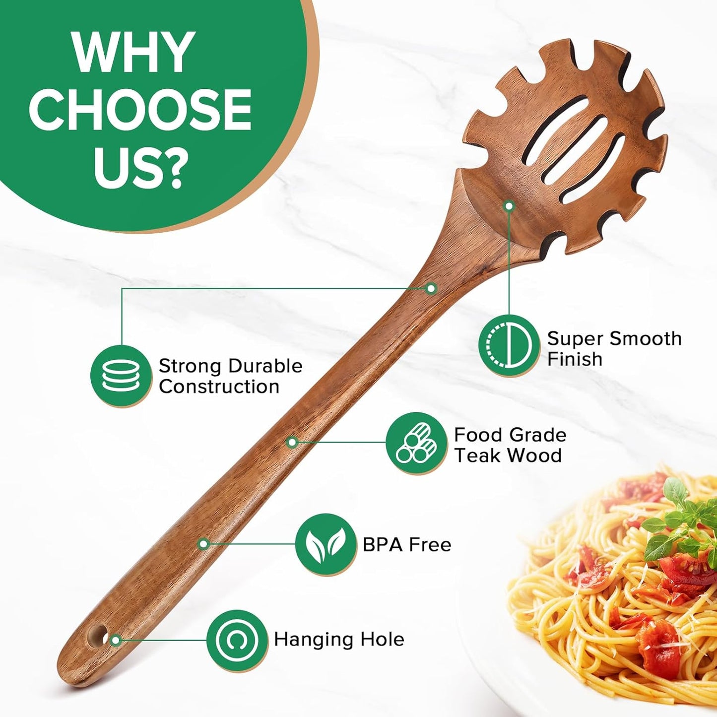 Wooden Pasta Spaghetti Noodle Slotted Spoon, Teak Wood, 12.8" | Non-Toxic, Strainer Spoon with Teeth, Cooking Fork Scoop Server Utensil with Claws, for Serving Stirring Collecting