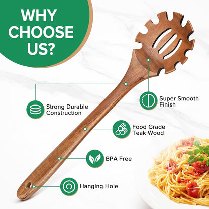 Wooden Pasta Spaghetti Noodle Slotted Spoon, Teak Wood, 12.8" | Non-Toxic, Strainer Spoon with Teeth, Cooking Fork Scoop Server Utensil with Claws, for Serving Stirring Collecting